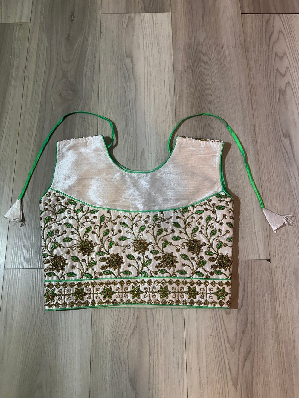 Indian Ethnic Saree Blouse White Gold Green Heavily Embroidered Crop Top